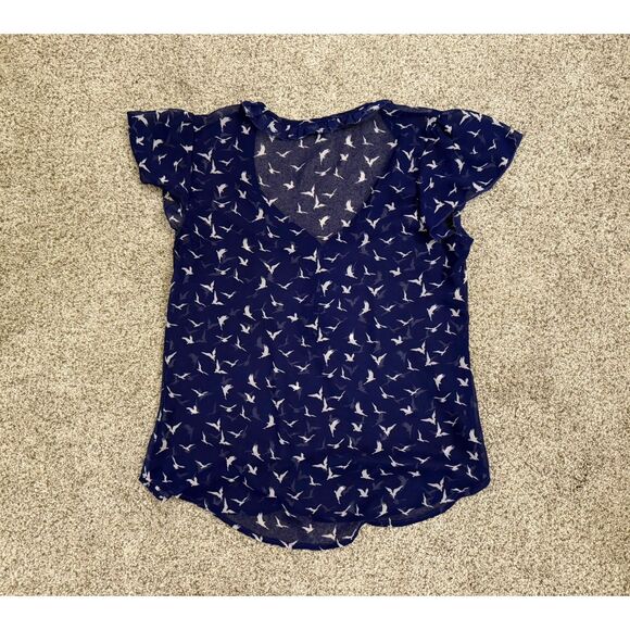 Lily Rose Sheer Royal Blue Short Sleeve Top with White Birds Sz S - Picture 1 of 4